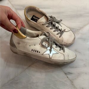Golden Goose White Sneakers with Silver Star and Gold Heel